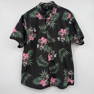 Disney Neff Hawaiian Shirt Men Large Black Mickey Mouse Floral Tropical Buttons